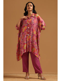 Soch - Purple Floral Regular Collar Neck Kaftan with Inner slip & Pant