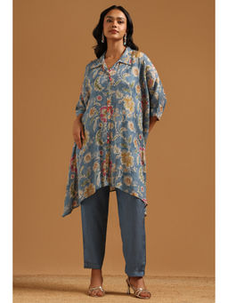 Soch - Blue Floral Regular Collar Neck Kaftan with Inner slip & Pant
