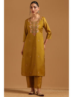 Soch - Mustard Embroidered Regular Round Neck Kurta & Pant
