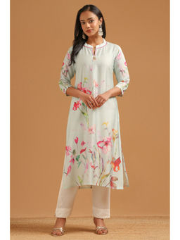 Soch - Blue Floral Straight Three Fourth Sleeves Kurta