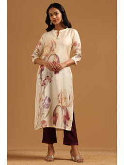 Soch - Beige Floral Regular Mandarin Neck Kurta