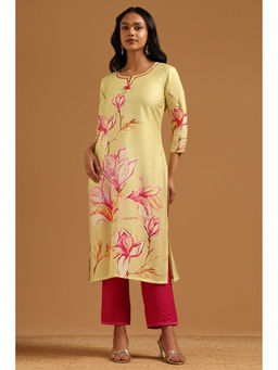 Soch - Yellow Floral Regular Round Neck Kurta