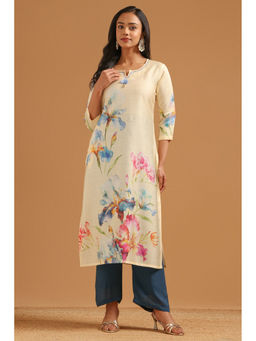 Soch - Yellow Floral Straight Three Fourth Sleeves Kurta