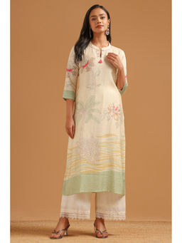 Soch - Beige Floral Straight Three Fourth Sleeves Kurta