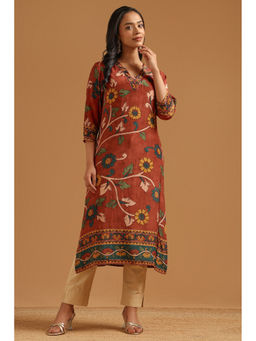 Soch - Rust Floral Straight Three Fourth Sleeves Kurta
