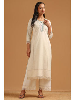 Soch - Beige Solid/Plain Straight Three Fourth Sleeves Kurta
