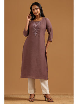 Soch - Purple Embroidered Straight Three Fourth Sleeves Kurta