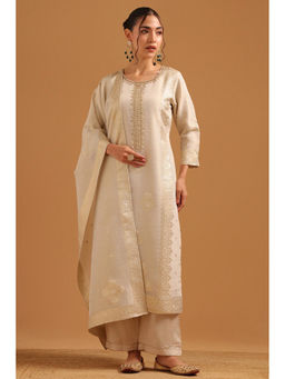 Soch - Beige Woven Straight Three Fourth Sleeves Kurta Pant with Dupatta