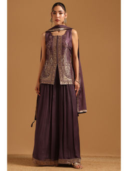 Soch - Purple Embroidered Round Neck Kurti with Unstitched sleeves & Palazzo|Dupatta