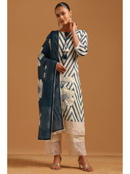 Soch - Teal Stripes Straight Three Fourth Sleeves Kurta Pant with Dupatta