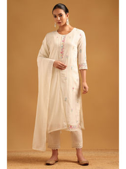 Soch - Cream Floral Straight Three Fourth Sleeves Kurta Pant with Dupatta