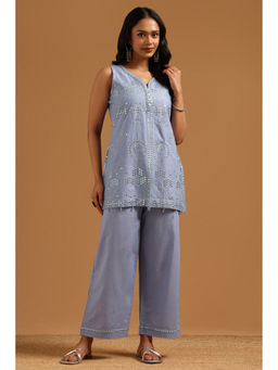 Soch - Blue Embroidered Regular V-Neck Kurti with Unstitched Sleeves & Pant