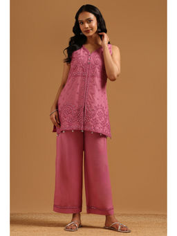 Soch - Pink Embroidered Regular V-Neck Kurti with Unstitched Sleeves & Pant
