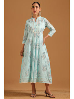 Soch - Blue Printed Regular Mandarin Neck Dress