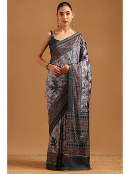 Soch - Grey Geometric Printed Saree Unstitched Blouse Piece