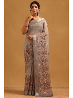 Soch - Beige Floral Printed Saree Unstitched Blouse Piece