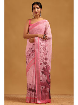 Soch - Pink Floral Printed Saree Unstitched Blouse Piece