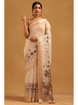 Soch - Beige Floral Printed Saree Unstitched Blouse Piece
