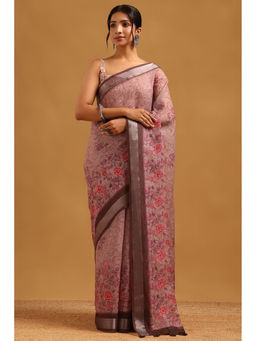 Soch - Brown Floral Printed Saree Unstitched Blouse Piece