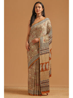 Soch - Beige Floral Printed Saree Unstitched Blouse Piece