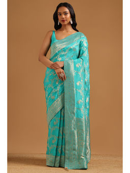 Soch - Blue Woven Zari Saree Unstitched Blouse Piece