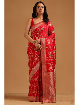 Soch - Red Woven Zari Saree Unstitched Blouse Piece