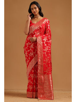 Soch - Red Woven Zari Saree Unstitched Blouse Piece