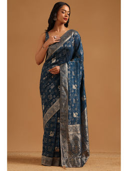 Soch - Navy Blue Woven Zari Saree Unstitched Blouse Piece