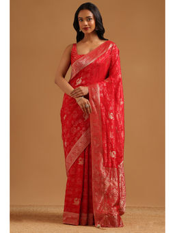 Soch - Red Woven Zari Saree Unstitched Blouse Piece