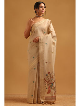Soch - Beige Floral Printed Saree Unstitched Blouse Piece