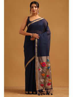 Soch - Navy Blue Embellished/Sequined Tassel Saree Unstitched Blouse Piece