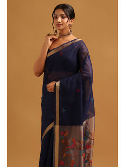 Soch - Navy Blue Woven Zari Saree Unstitched Blouse Piece