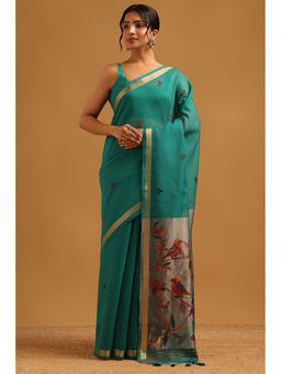 Soch - Teal Woven Zari Saree Unstitched Blouse Piece