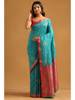 Soch - Teal Woven Zari Saree Unstitched Blouse Piece