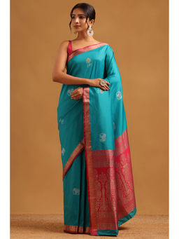 Soch - Teal Woven Zari Saree Unstitched Blouse Piece