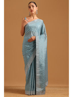 Soch - Blue Embroidered Saree Unstitched Blouse Piece