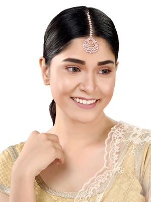 Saraf RS Jewellery Rose Gold Plated Pink Ad Studded Circular Design Handcrafted Maangtikka