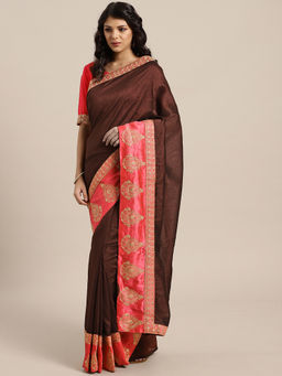 Sareemall - Brown Cotton Silk Embroidered Saree with Unstitched Blouse