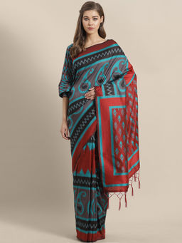 Sareemall - Teal Green & Red Cotton Silk Printed Saree With Unstitched Blouse