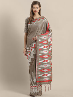Sareemall - Grey Cotton Silk Printed Saree With Unstitched Blouse