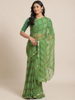 Akhilam - Green Casual Chiffon Printed Saree With Unstitched Blouse