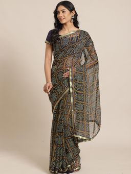 Akhilam - Navy Blue Casual Chiffon Printed Saree With Unstitched Blouse