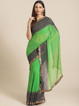 Akhilam - Green Embellished Saree With Unstitched Blouse