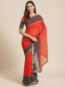 Akhilam - Red Embellished Saree With Unstitched Blouse