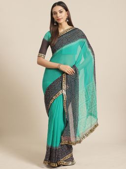 Akhilam - Turquoise Embellished Saree With Unstitched Blouse