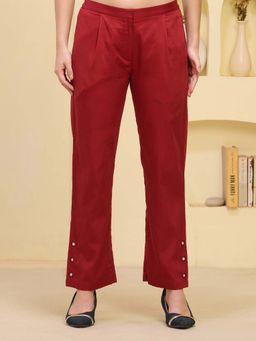 First Resort by Ramola Bachchan - Red Mirror Hand Embroidered Straight Pant