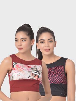 Clovia - Comfort-fit Geometric Print Active Crop Top Multi-Color (Pack of 2)