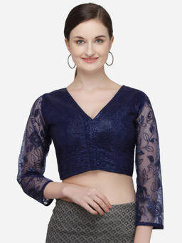 Amrutam Fab - Womens Sequences Blue Phantom Silk Stiched Blouse With V Neck