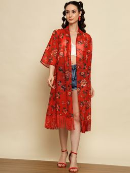 Trend Arrest - Red Floral Printed Lace Detail Shrug