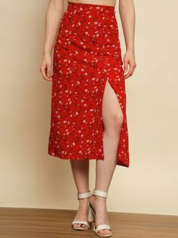 Trend Arrest - Red Floral Printed Slit Skirt